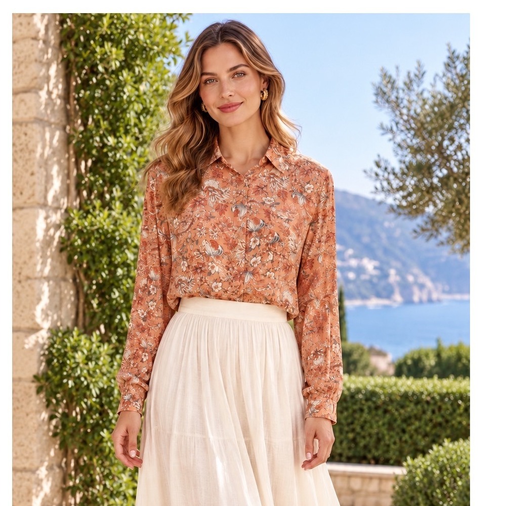 Garnet Hill Silk Blouse Shirt Blouse Top Paisley Peach Orange Medium New